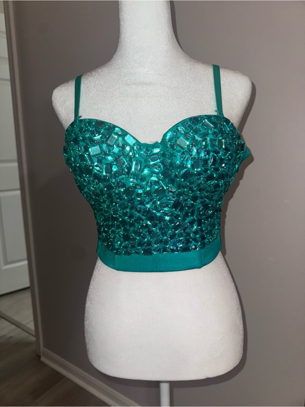 Embellished Teal Green Beaded Bustier Crop Top
